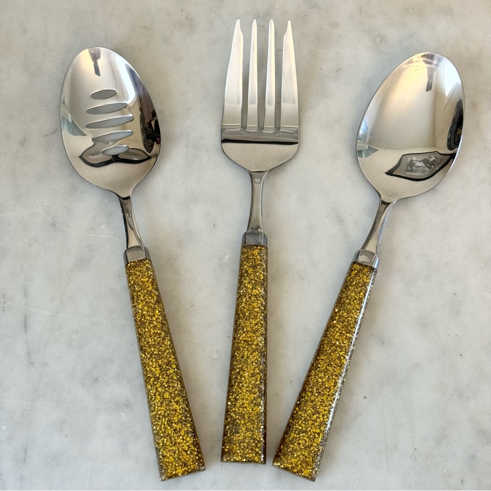 3 Piece Gold Glitter Lucite Serving Pieces Slotted Spoon, Serving Spoon & Fork‎